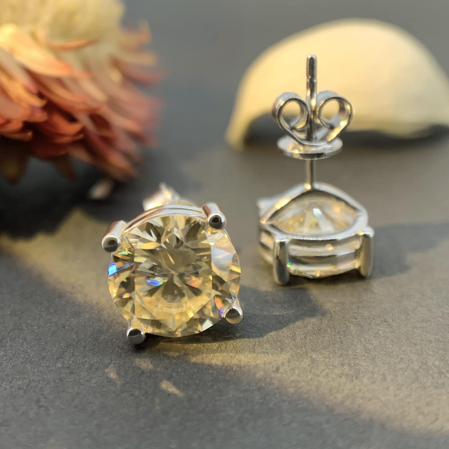 GIGAJEWE Moissanite Stud Earring Round Cut Champane Color Total 6.0CT 18K Gold Plated 925 Steling Silver, Stud Earrings For Men Women