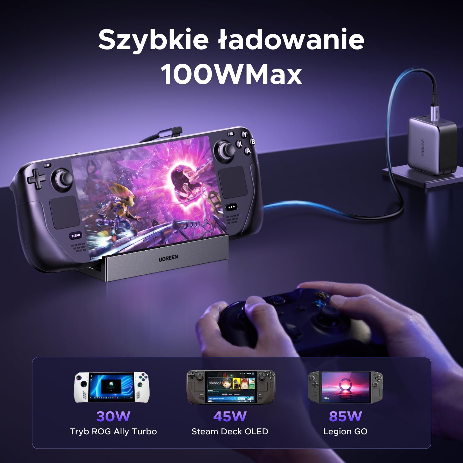 UGREEN Steam Deck Dock z 4K@120Hz DP, portami danych USB 10Gbps, Gigabit Ethernet, czytnikiem kart SD/TF, stacją dokującą PD 100W USB C kompatybilną ze Steam Deck, ROG Ally, Legion Go, iPad Pro