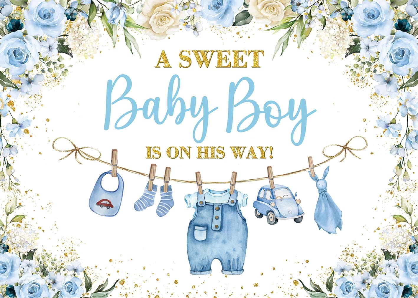 Cute Clothes Baby Shower Backdrop for Boys Blue Flowers Leaves a Sweet Baby Boy is on The Way Background Newborn Kids Baby Shower Birthday Party Decorations Banner Supplies Photo Props (Blue, 8x6FT)
