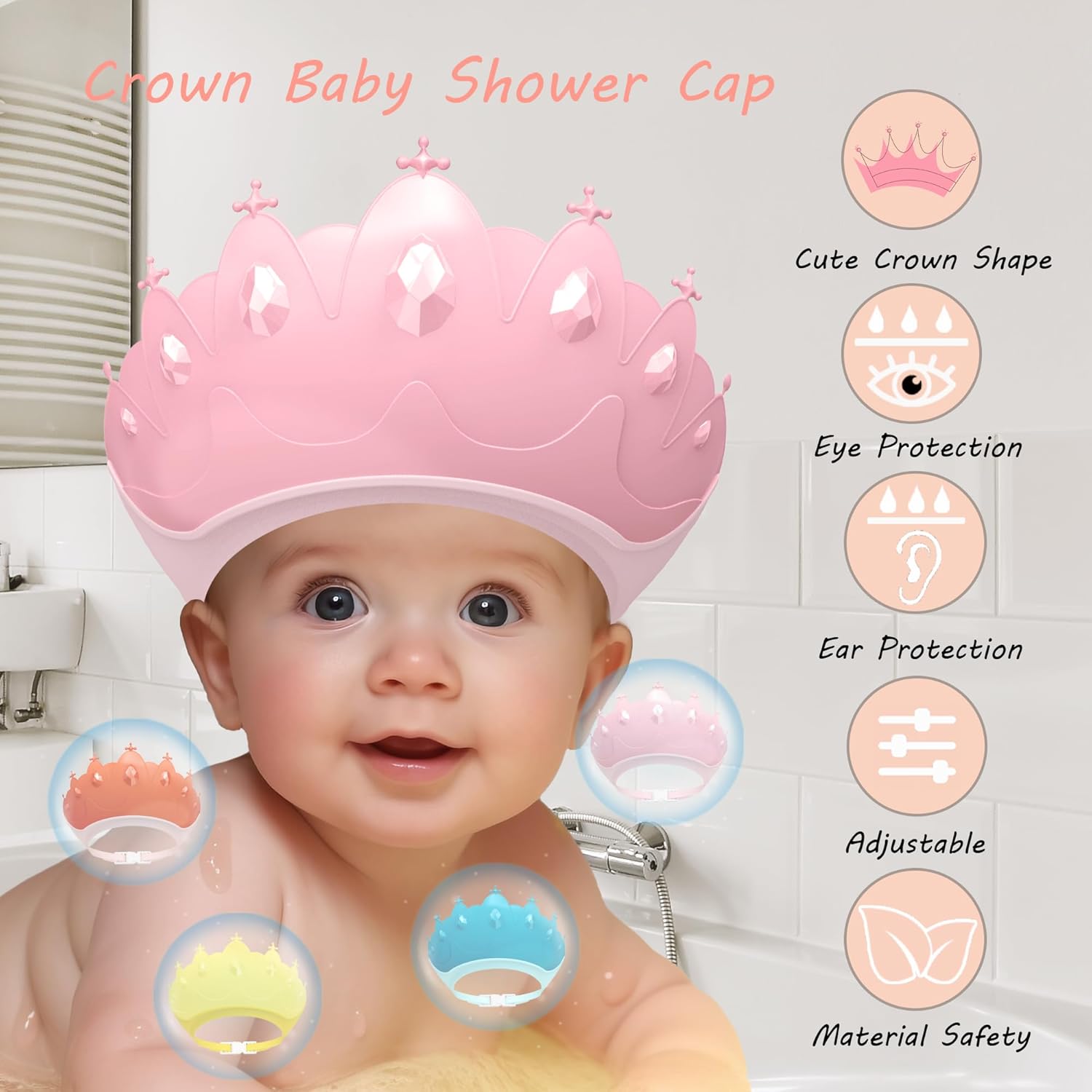 Baby Shower Cap Shield, Baby bath set shower cap, Visor Hat for Eye and Ear Protection for 0-9 Years Old Children,Cute Crown Shape Makes the Baby Bath More Fun (Pink) LiLiBBShie