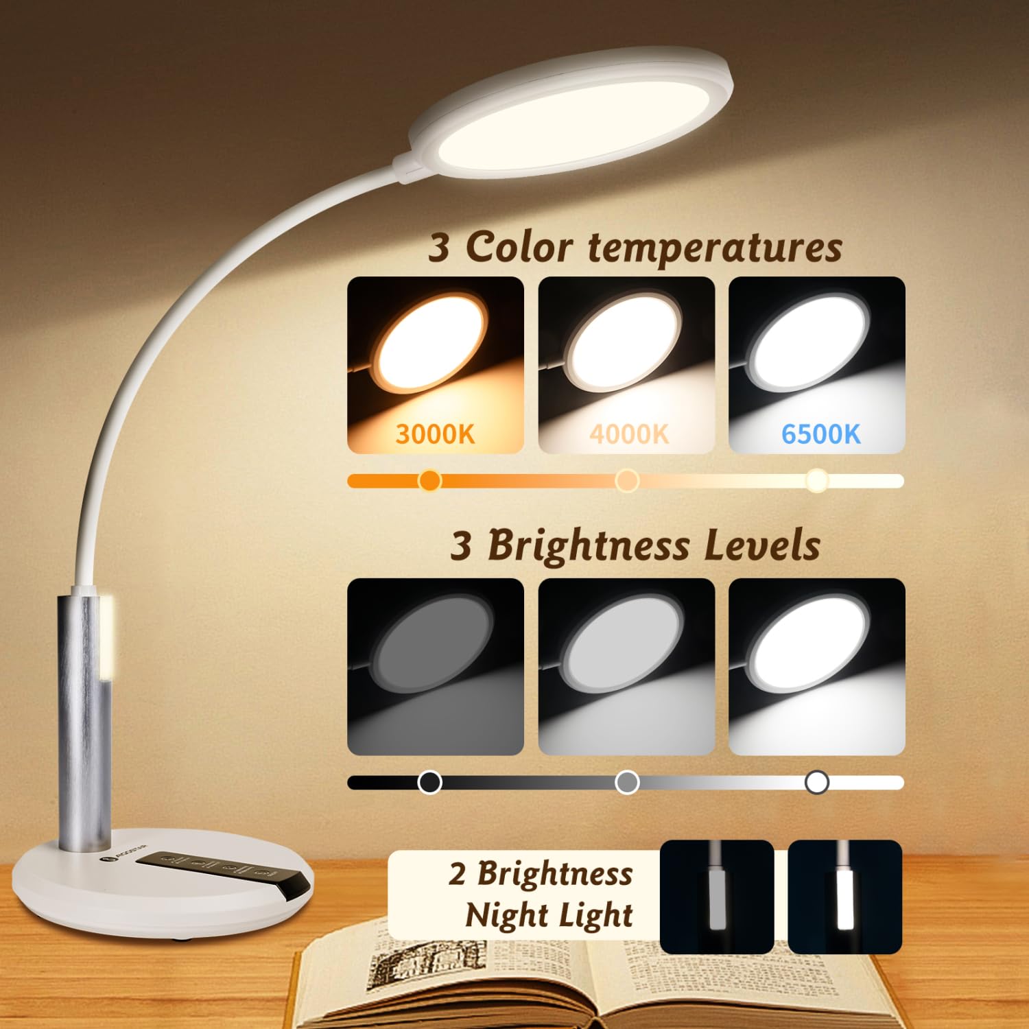 Aigostar Flexo Escritorio, Lampara Escritorio LED, Ajuste Flexible de 360°, 3 Brillo y Temperatura de Color, Cable de 130 cm con Enchufe, Función de Memoria, Blanco