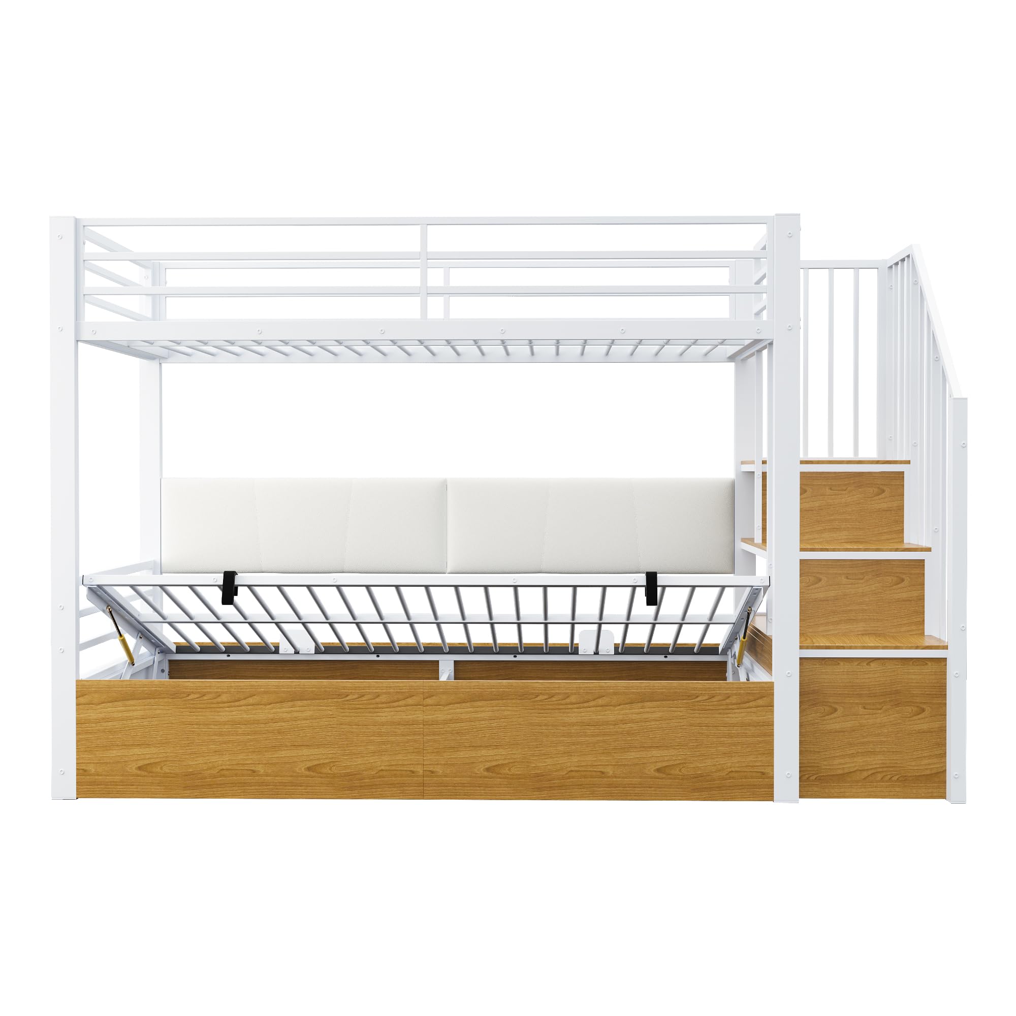 Kinderbett Etagenbett 90x200, Hochbett mit Hydraulisch Stauraum und Treppe, Hausbett mit Rückenlehne aus PU, Metall Bett Bettgestell mit Lattenrost und Rausfallschutz, Ohne Matratze (Weiß)