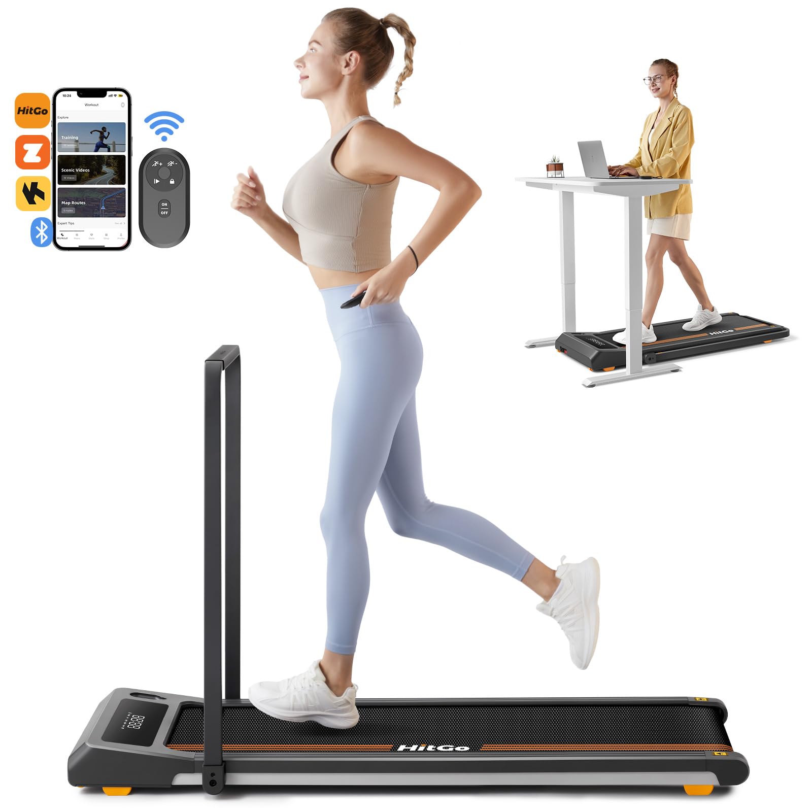 HitGo Walking Pad for Home Office, 2 in 1 Under Desk Treadmill with App, Remote, LED Display, Portable Design with Optional Incline or Foldable Handle