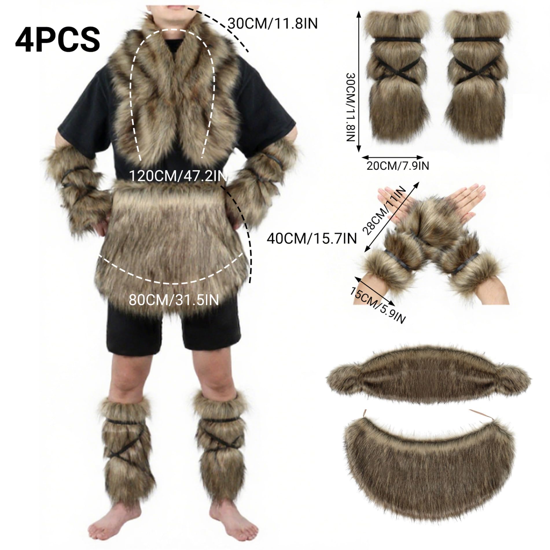 4 pièces/Ensemble Costume Viking pour Hommes, Costume de Barbare Chaud en Fausse Fourrure Comprenant Une Jupe à la Taille, Un Brassard, Une Cape châle, des Couvre-Bottes pour fête Cosplay