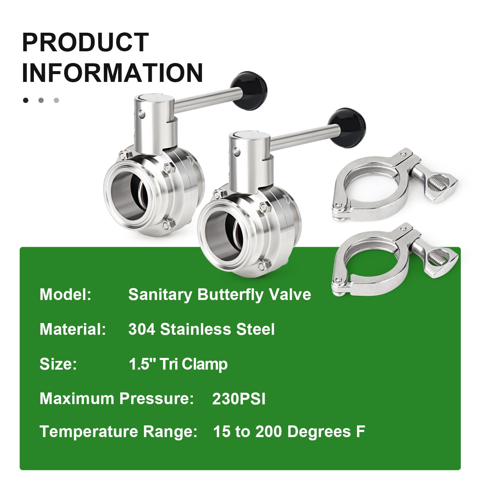 TAISHER 1 válvula de mariposa sanitaria de acero inoxidable 304 de 1.5 pulgadas con brida de virola de 50.5 mm con abrazadera triple de 2 pulgadas y junta de silicona