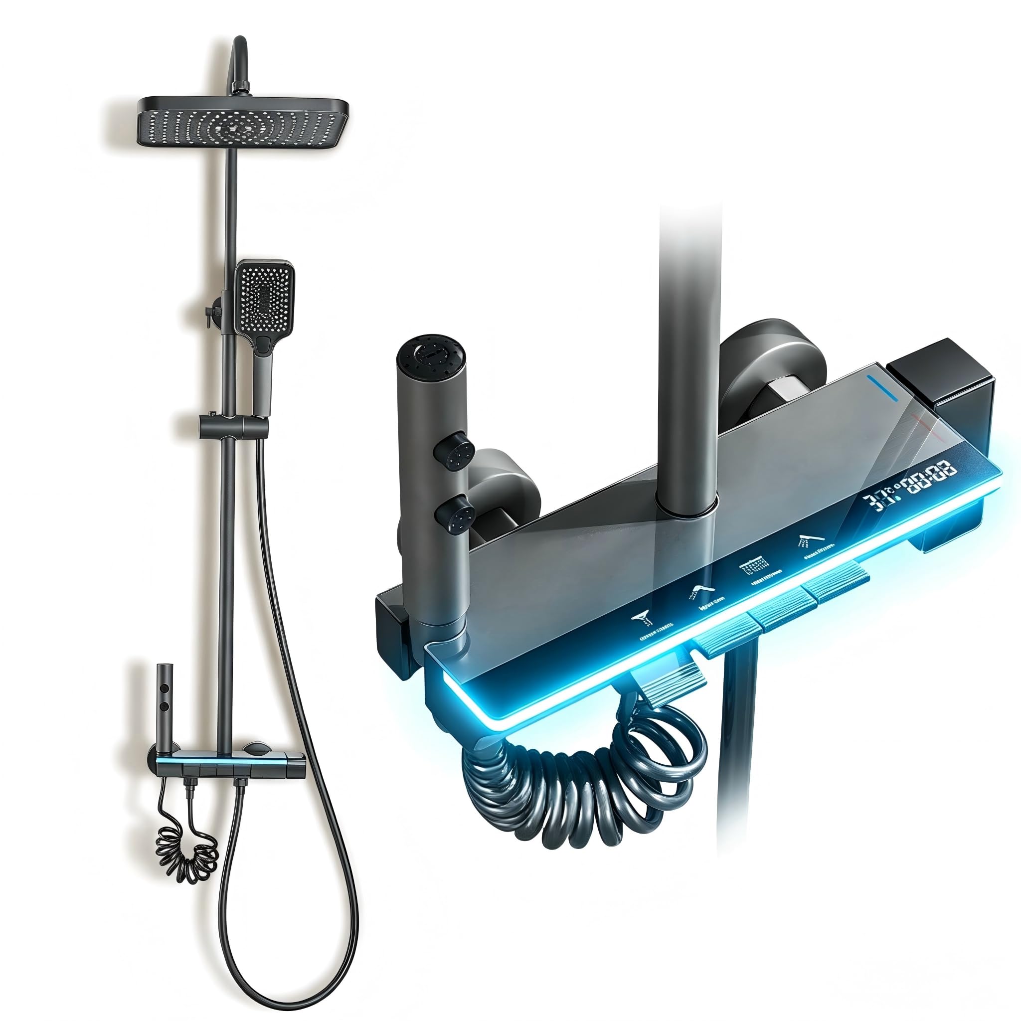 Colonna Doccia Grigio Titanio Con Testa Quadrata DEWINNER - Display a LED-Colonna Doccia 4 Modalità e Altezza Regolabile - Testa, Getto, Rubinetto e Soffione Doccia