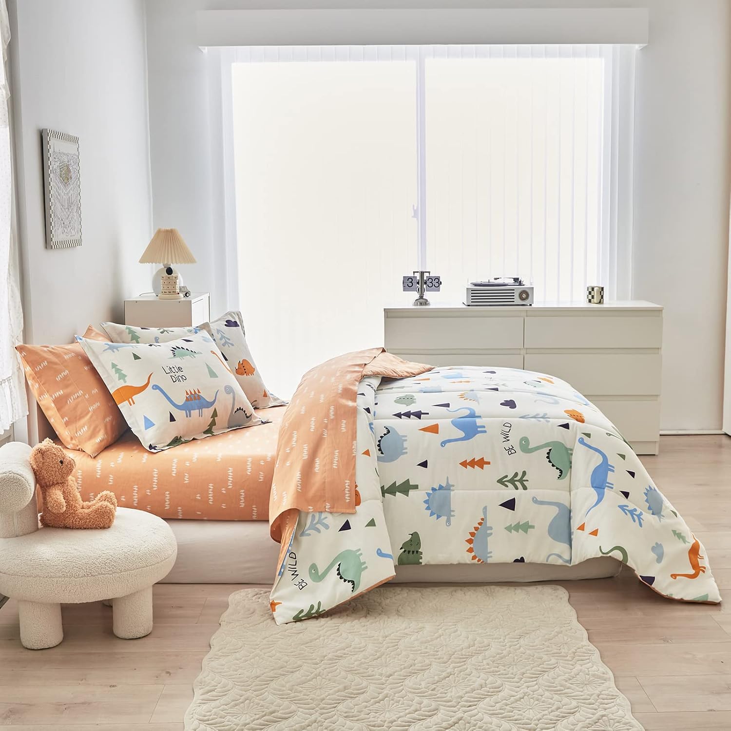 Joyreap Bed in a Bag Cotton, Dinosaur Reversible Design, Queen Size 7-Piece Cotton Bedding Comforter Set for Kids Boys n Girls- 1 Comforter, 2 Pillow Shams, 1 Flat Sheet, 1 Fitted Sheet, 2 Pillowcases