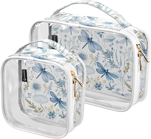 Blue Floral Dragonflies Clear Toiletry Bag for Traveling,2 Pack Makeup Cosmetic Bag with Zipper,Travel Bag for Toiletries,Travel Essentials 21215128