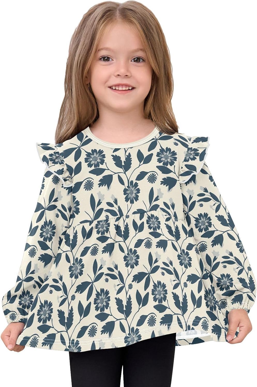 visesunny Toddler Clothes for Girls Beige Vintage Cobalt Crushed Long Sleeve Fall Shirts Cotton Top with Ruffle Collar