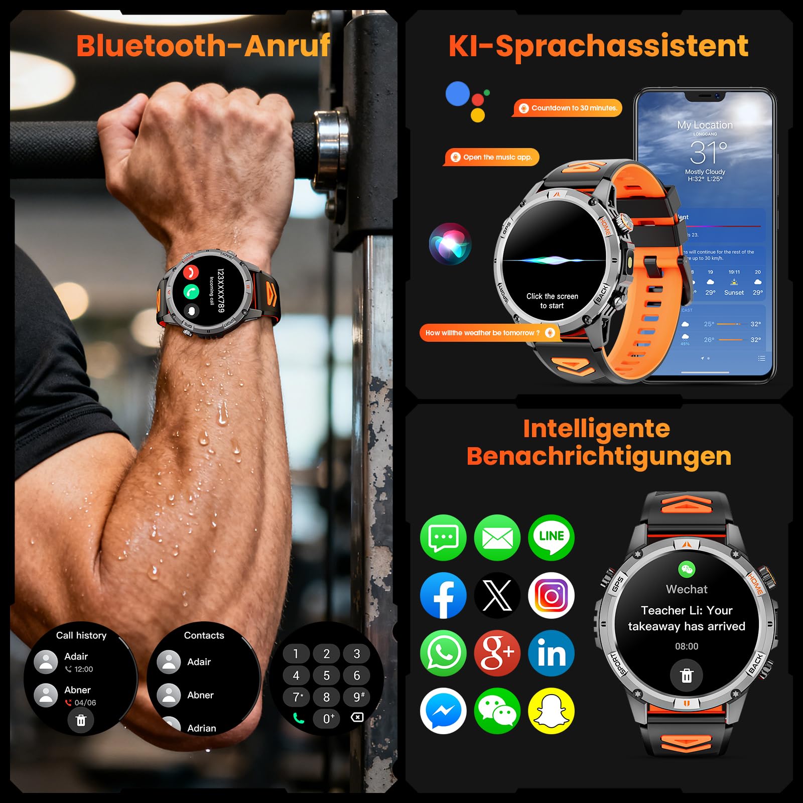 Smartwatch Herren GPS, 1,46" HD Men's Militär Smart Watch, LED Taschenlampe, Kompass, 100+ Sportmodi Fitnessuhr, IP68 Wasserdicht Rund Sportuhr, Fitness Tracker Watch für iOS Android (Schwarz)