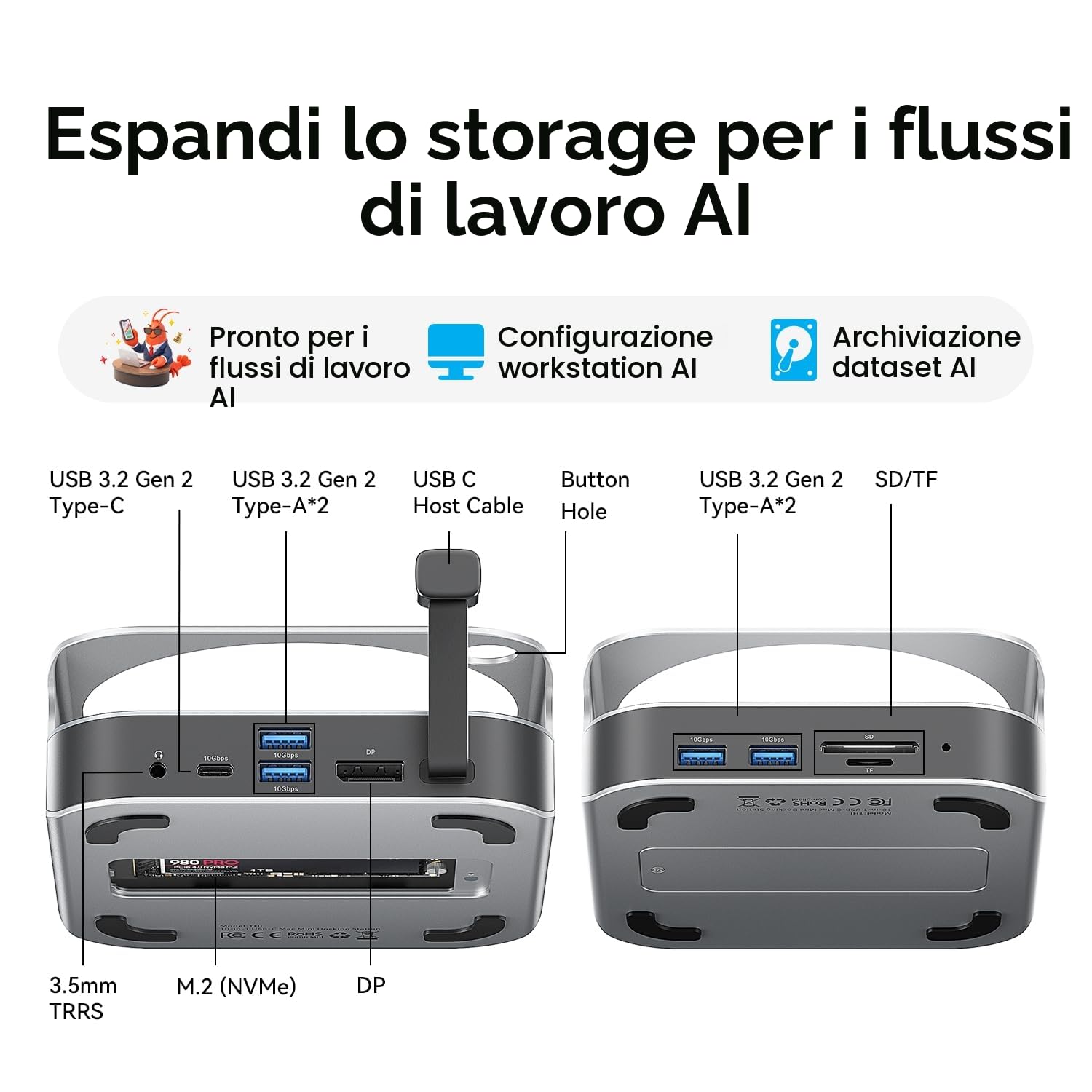 VENTION Dock 10-in-1 Mac Mini M4/M4 Pro con DisplayPort 4K@240Hz/144Hz, alluminio Hub con Alloggiamento M.2 NVMe fino a 8TB, 5 x 10Gbps USB-A & USB-C Ports, Lettore SD/TF, Audio 3.5mm