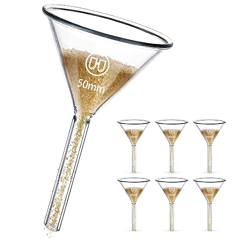 6pcs 50mm Small Glass Funnel Set, Tiny Short Stem Funnel, Spice Powder Motor Mini Oil Filtering Funnel, 3.3 Borosilicate Glass, Refill Water Bottle for Science Lab Kitchen | Short Stem Small Funnel, 3.3 Boro Glass Automotive Oil Filter Mini Funnels, Filling Bottles for Science Labs Kitchen Use