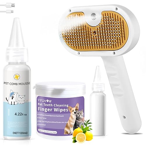 Pet Steam Brush for Dog & Cat – shower bath brush – Steam for Shedding & Grooming Water Brush for Long & Short Haired Pets Spritz Defur Comb 3-in-1 Spray Hair Removal Comb Includes 1*Waterless Shampoo