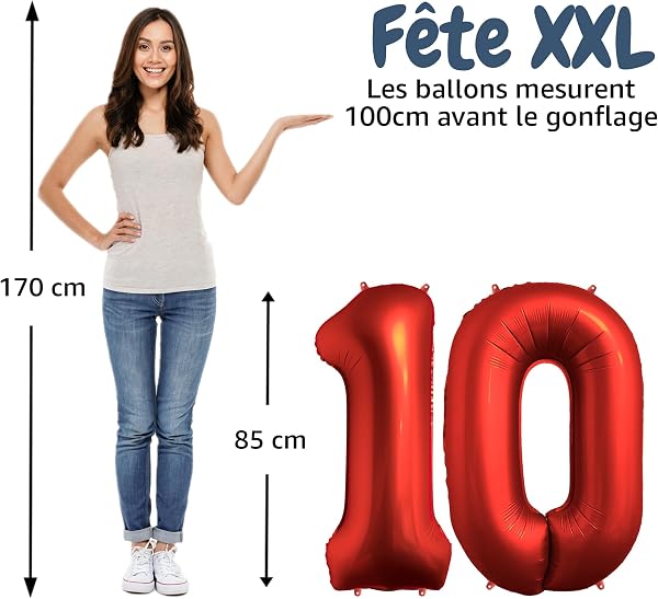 FUNFEST Ballons 10 Ans Rouge Chrome 100cm – Décoration Anniversaire 10 ans – Chiffres 1 et 0 Inclus – Compatible Hélium & Air - 2