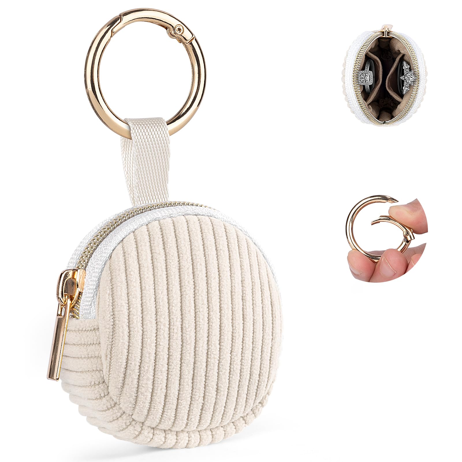 Playexen Ring Holder Keychain, Corduroy Jewelry Holder Storage with Ring Buckle, Portable Mini Travel Jewelry Keeper Case for Earrings, Rings,