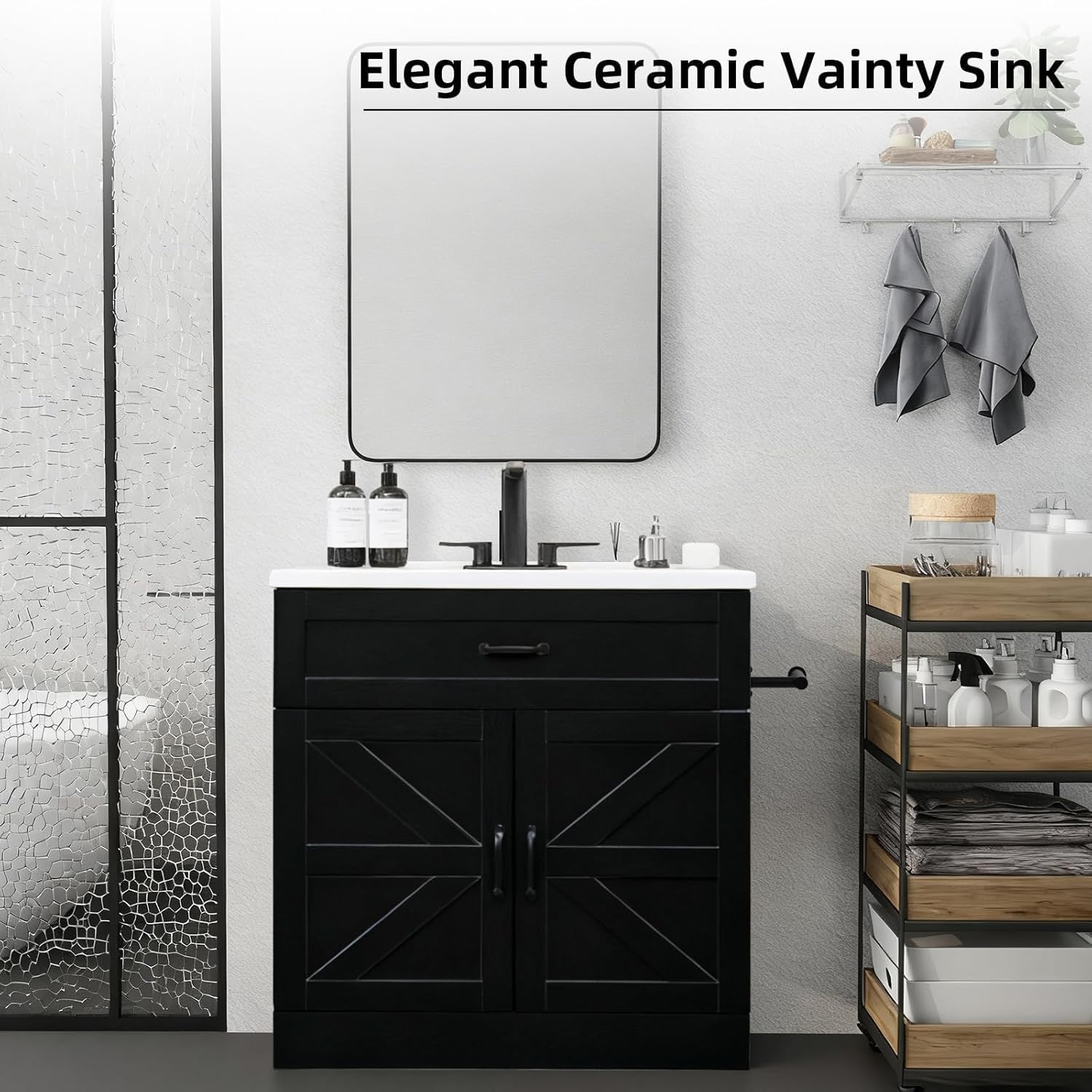 4ever2buy 31" Farmhouse Bathroom Vanity with Sink, Bathroom Vanity Cabinet with Drawer & 2 Barn Doors, Metal Handles (Black)
