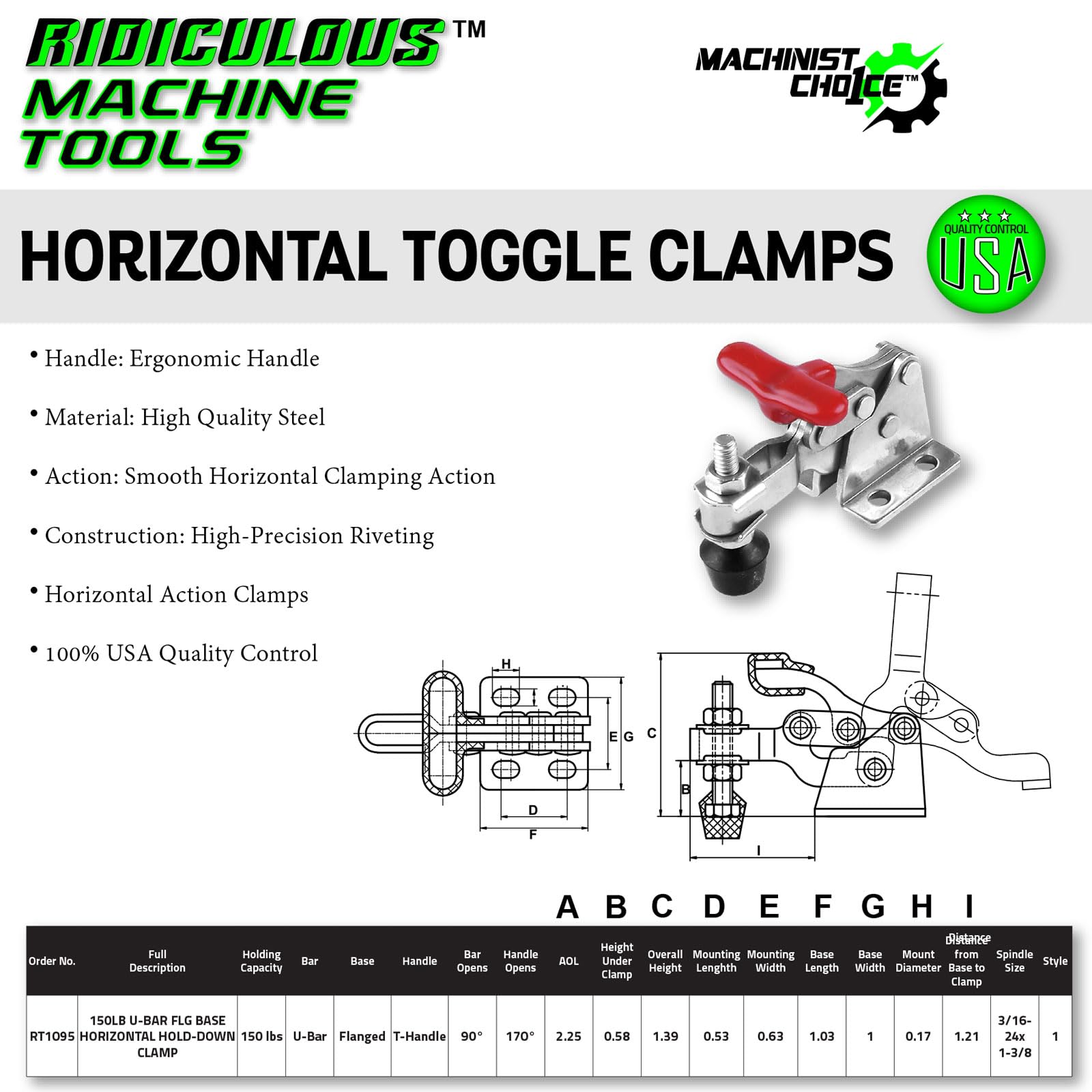 (5 Pack) 150LB U-BAR FLG BASE HORIZONTAL HOLD-DOWN CLAMP (Same as 305-U)