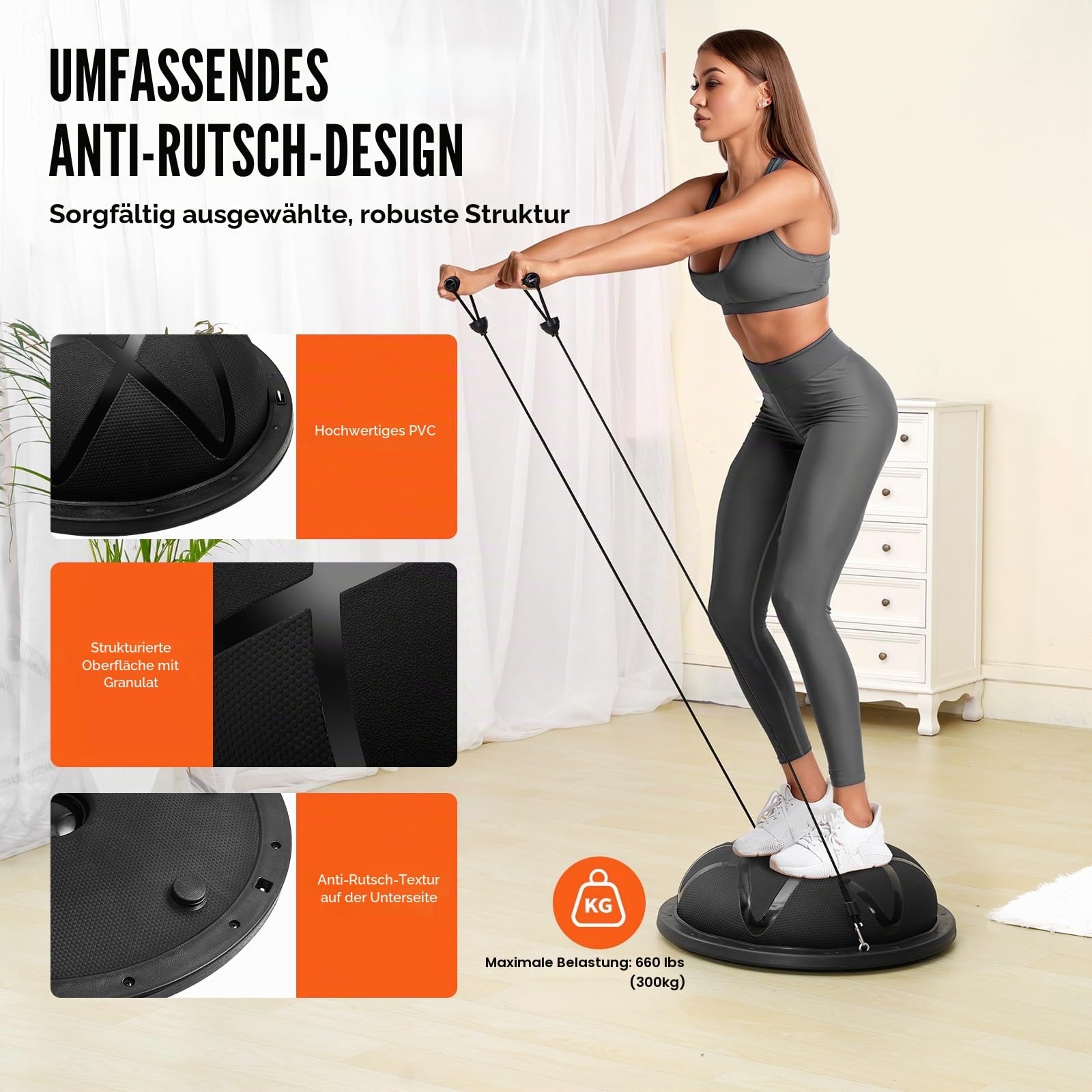 VEVOR Halb-Gymnastikball-Trainer, 58 cm Balance Ball Trainer, 300 kg, Yoga-Ball mit Widerstandsbändern und Pumpe, Kraft-Fitnessball für das Heim-Fitnessstudio, Ganzkörpertraining, Schwarz