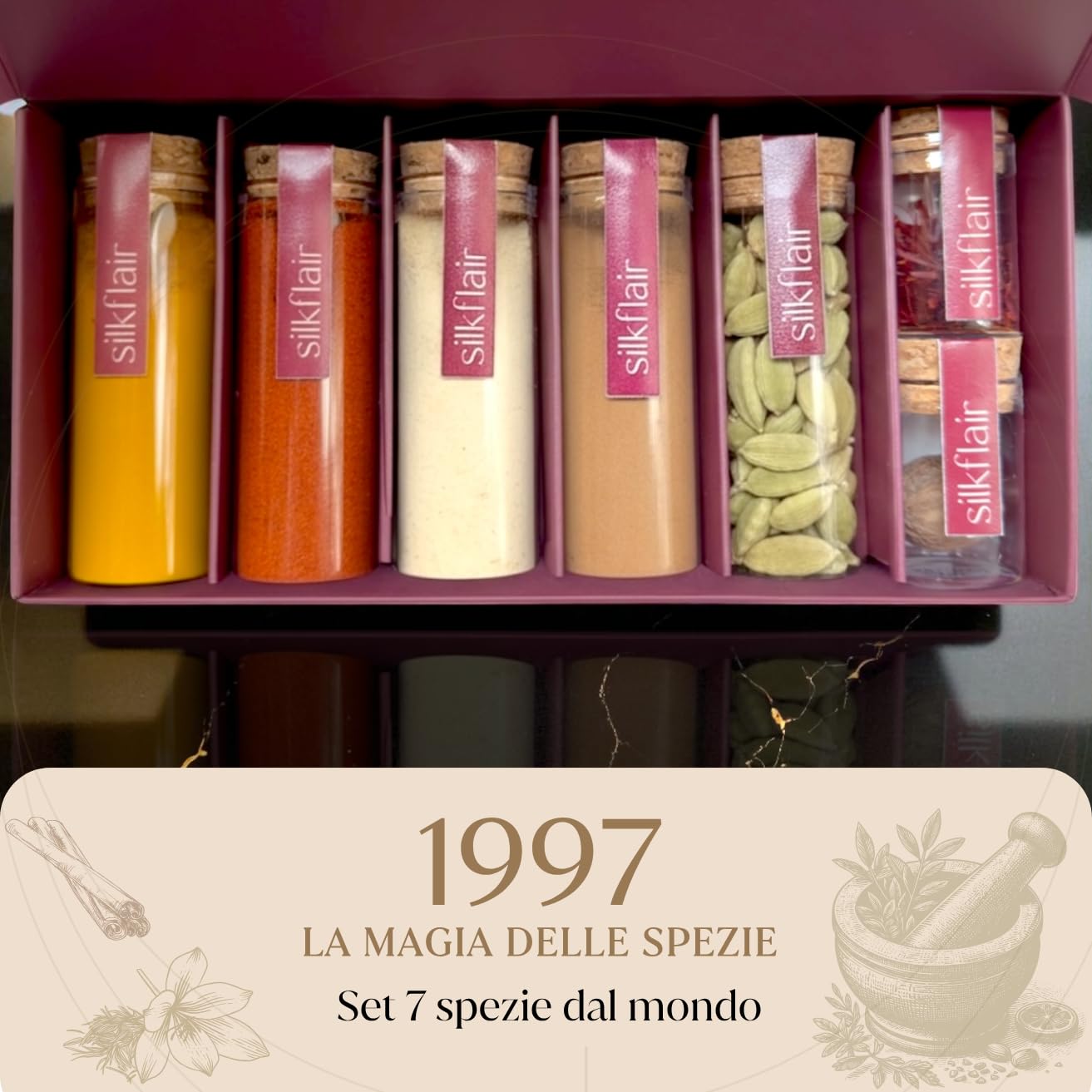 Set regalo spezie dal mondo – Silkflair "1997 La magia delle spezie” | Special Edition gourmet con 7 varietà pregiate | Idea regalo originale per amanti della cucina e del gusto