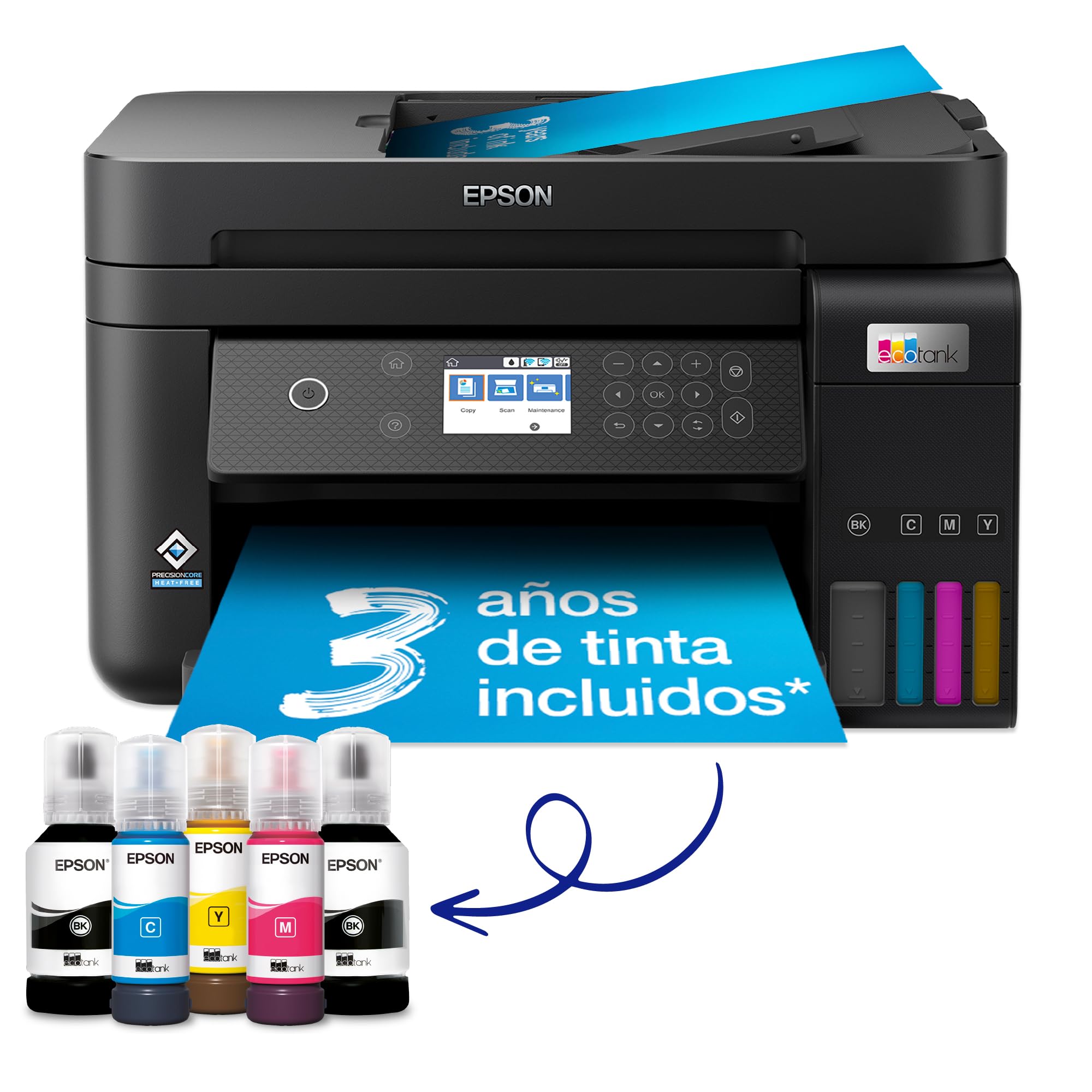 Epson EcoTank ET-3850 Stampante Multifunzione A4, Serbatoi Ricaricabili Alta Capacità, 5 Flaconi Inclusi pari a 14000pag B/N 5200pag Colore, Display LCD, Wi-Fi/Direct
