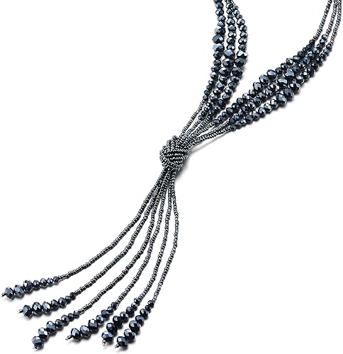 Miniatura 2 de COOLSTEELANDBEYOND Boho Chic Lariat collar borla colgante azul oscuro cristal tres hebras cadena larga en forma de Y, Cristal simulado, no aplica