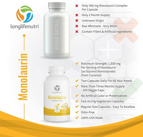 Miniatura 3 de Aceite de pescado Omega 3 de 1000 mg y monolaurina de 1500 mg - Alto EPA y DHA, apoyo inmunológico y digestivo, 120 cápsulas blandas + 200 cápsulas