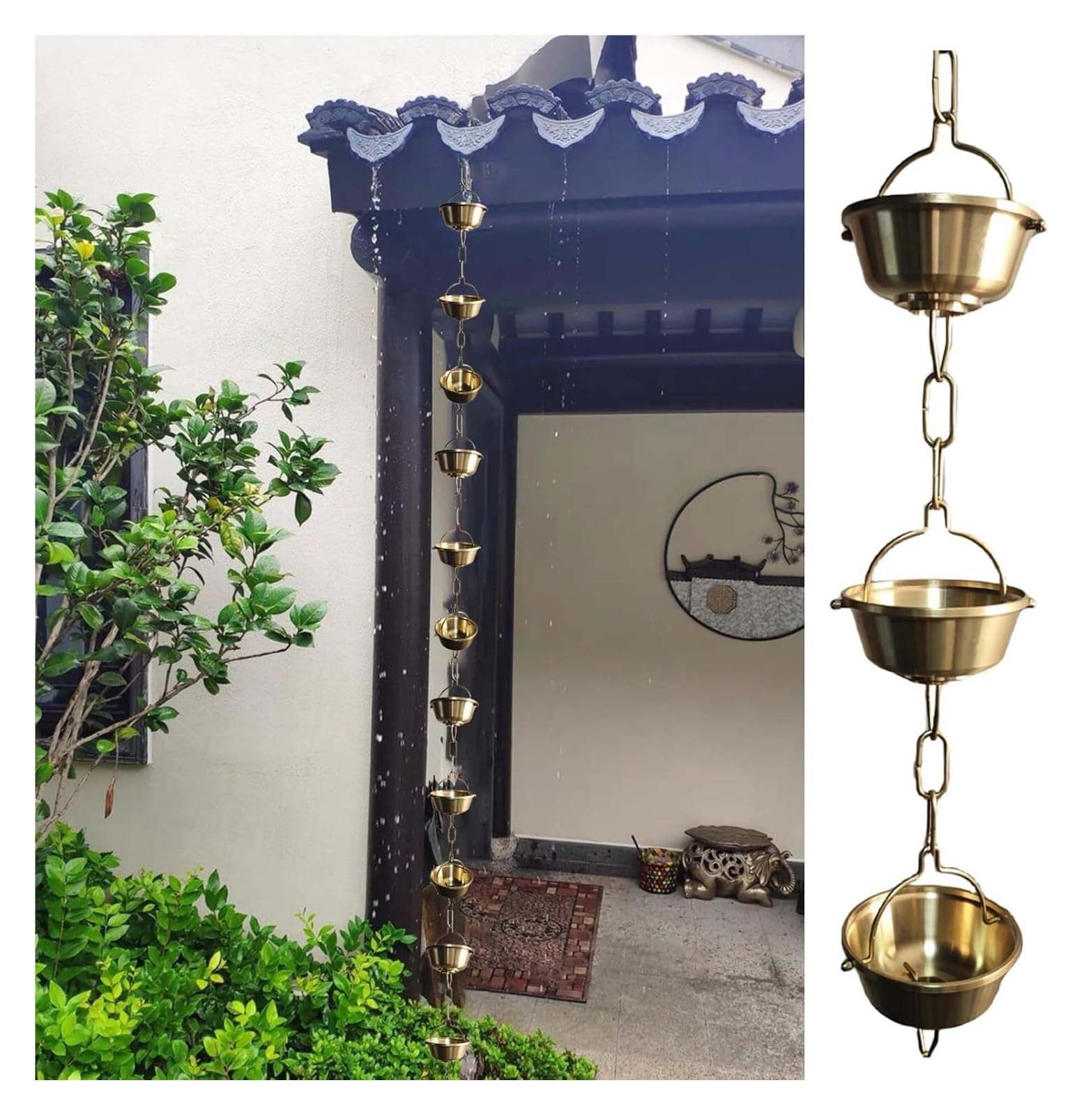 Chaîne de pluie et récupérateur décoratif avec tasses de dérivation en laiton