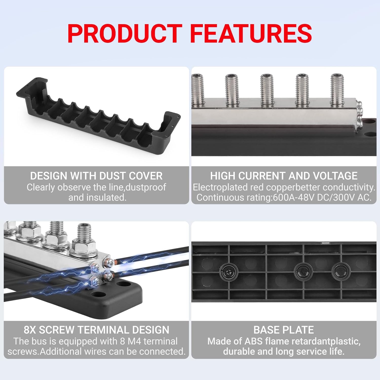 600A Heavy Duty Power Distribution Block with Cover 8 x 3/8" (M10) Studs Bus Bar Terminal Block, High Current Busbar 12-48V DC Busbar Positive & Negative for Automotive RV Boat,Black and RED