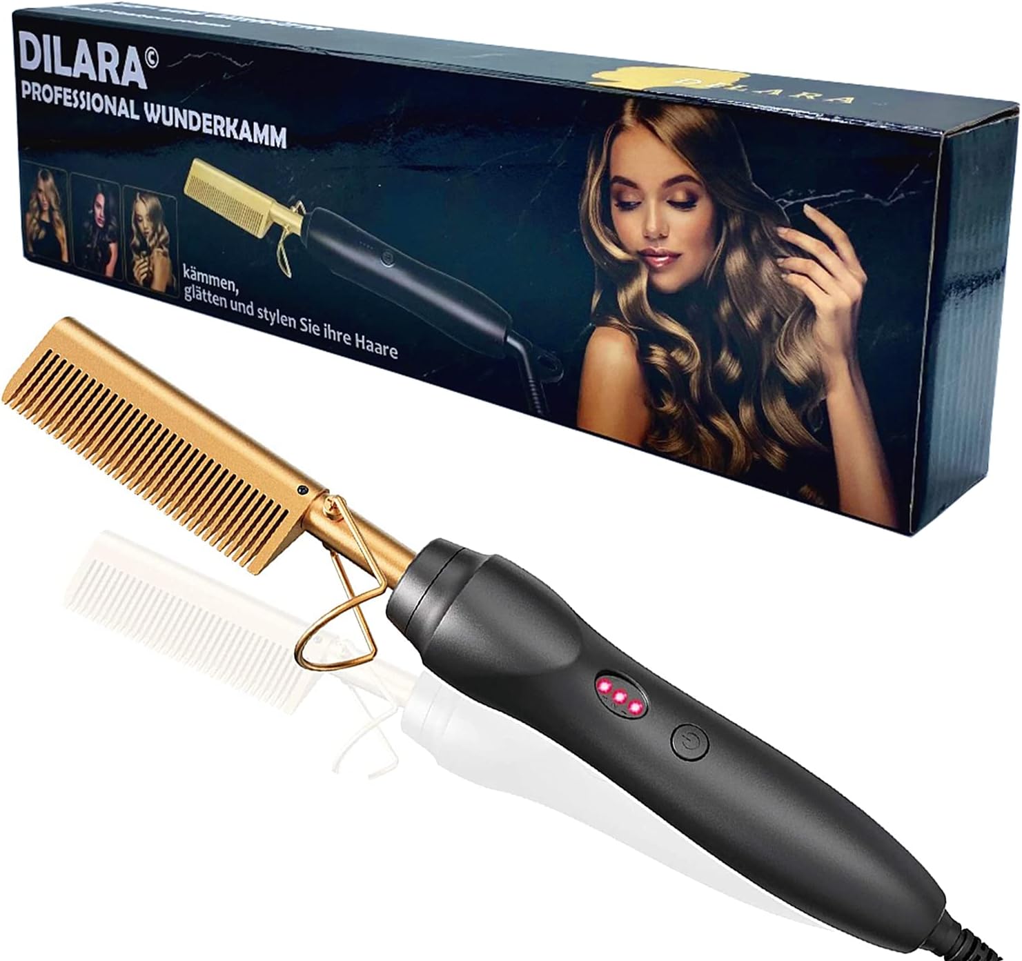 PREMIUM Professionele wonderkam 2 in 1 stijltang I Keramische haar- en stijlborstel voor krullen, steilen, kammen en stylen van haar I Hete warmtekam stijltang voor vrouwen en mannen (Goud)