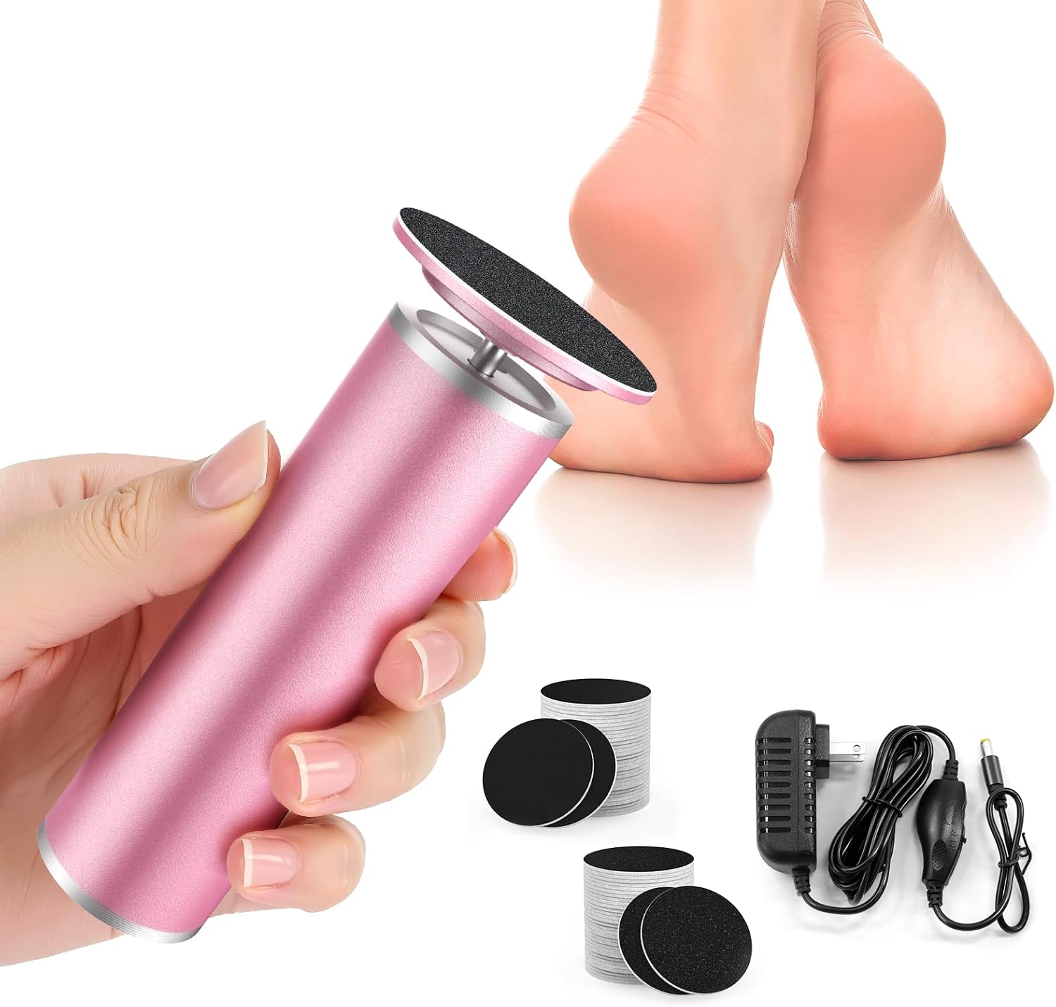 Electric Foot Callus Remover, Electric Foot File for Feet with Adjustable Speed Controller and 60pcs Replacement Sandpaper Disk for Dead Skin and Calluses, for Women&Men, Gradient Pink