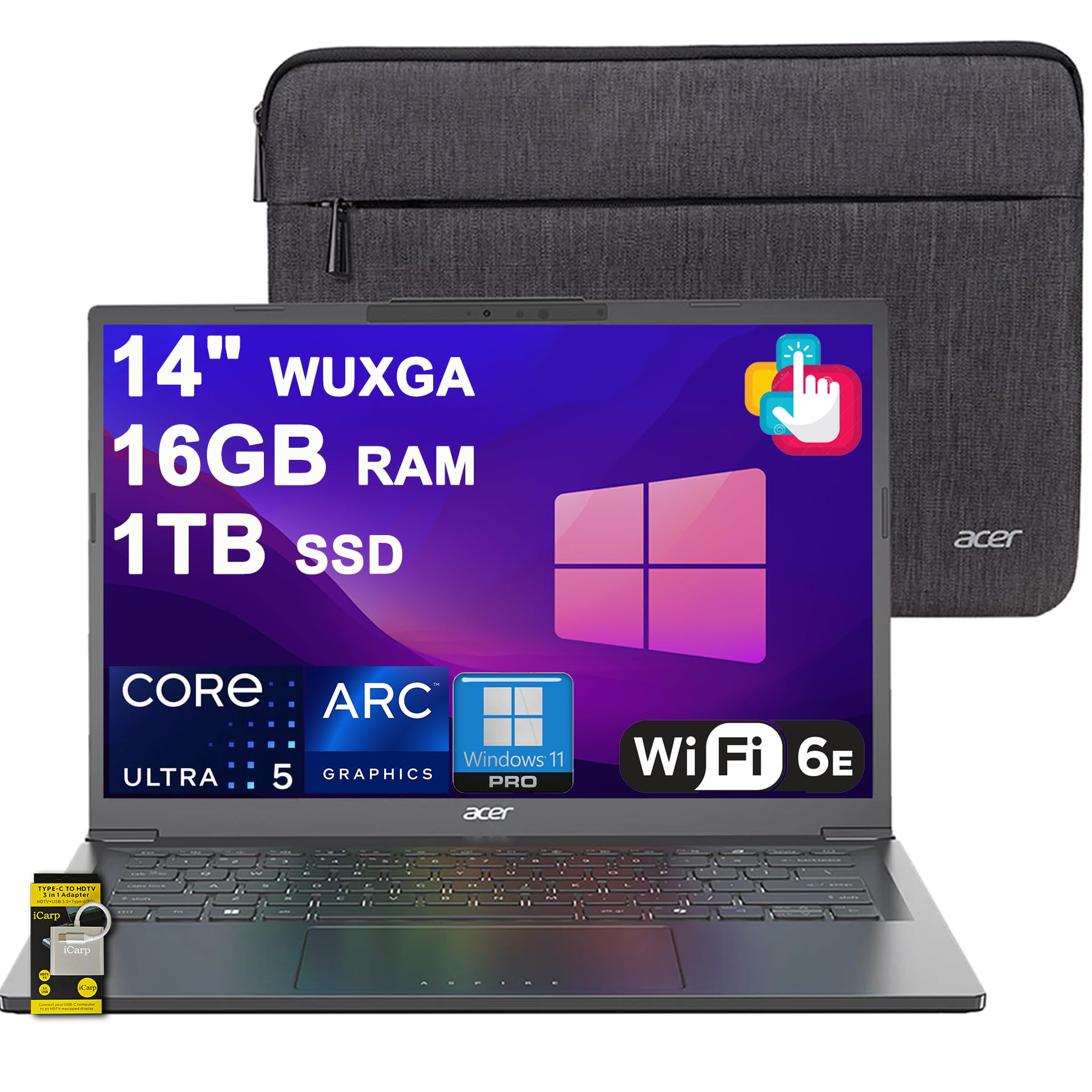 Aspire 14 AI Portable Laptop 14" WUXGA Matte Touch Intel 8-core Ultra 5 226V (Up to 40 NPU Tops - Up to 53 GPU Tops) 16GB RAM 1TB SSD for Creator Business Work Win11Pro ICP Hub/Copilot+ AI PC