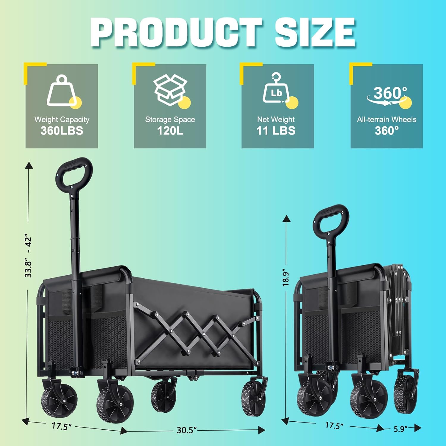 Collapsible Wagon Cart with Wheels Foldable - Lightweight 360LBS Heavy Duty Folding Utility Portable Beach Wagon with All-Terrain Wheels for Groceries Shopping Garden Sports Camping