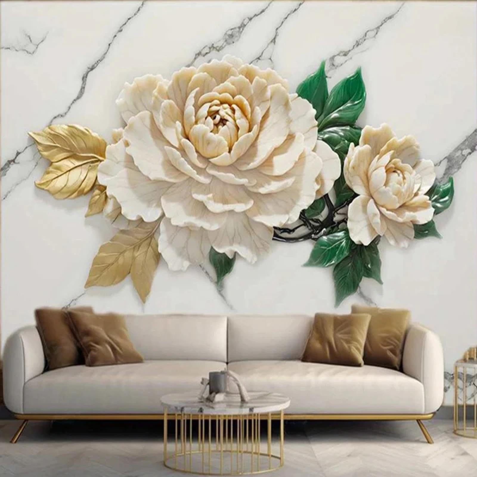 Papier peint pivoine blanche et marbre pour chambre cocon