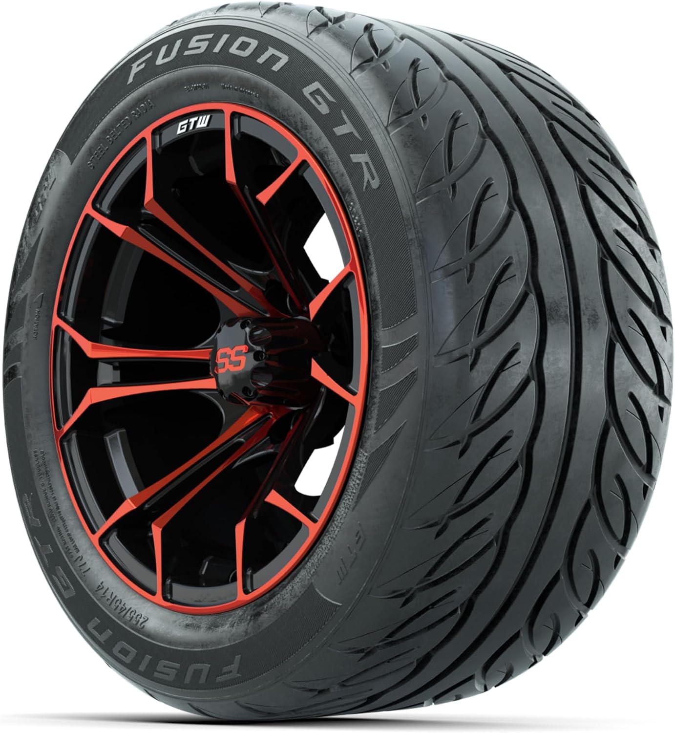 GTW 14 Inch Golf Cart Wheels and Tires Combo | 14" GTW Spyder Wheels on 255/45-R14 (23") Fusion GTR Street Tires | Set of 4 (Red/Black)