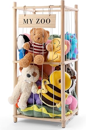 Stuffed Animal Storage Zoo, Wooden Stuffed Animal Organizer with Elastic Cords for Boys Girls, Space Saving Toy Plushies Storage Holder for Playroom, Bedroom, Living Room (Burlywood, Small)