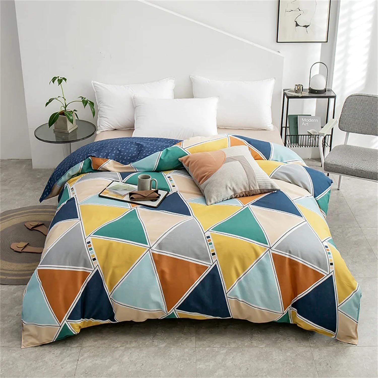 Housse de couette colorée 150x200 triangles avec 2 taies d'oreiller