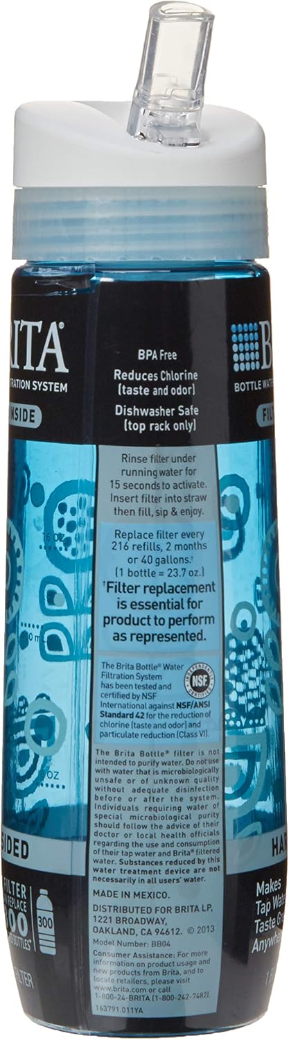 Brita 23.7 Ounce Hard Sided Water Bottle with 1 Filter, BPA Free, Printed Blue