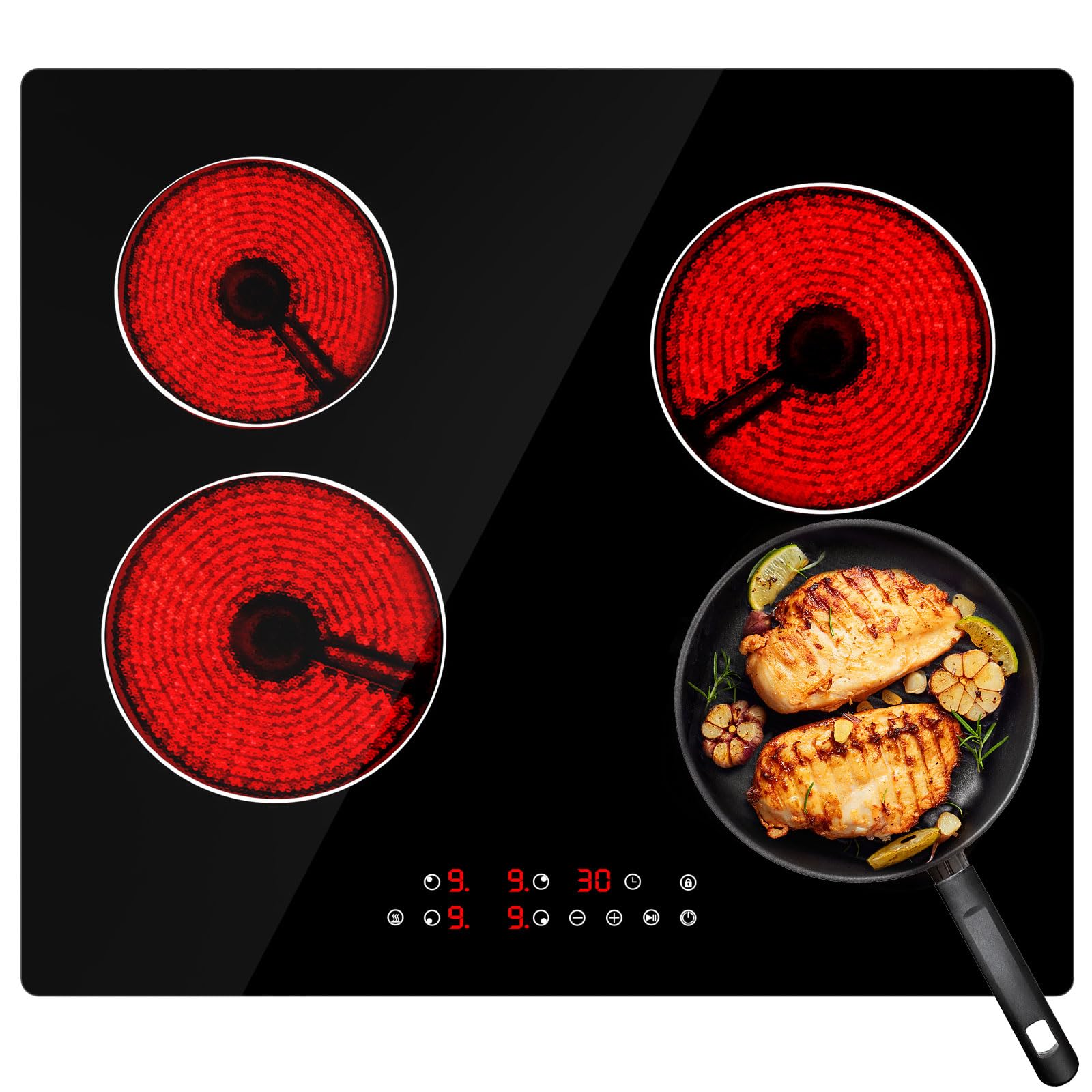Ceramic Hob,29cm Built-in 2 Zones Electric Hob,3000W,Built in Black Glass Cooker with Touch Control, Child Safety Lock, Timer — view 8