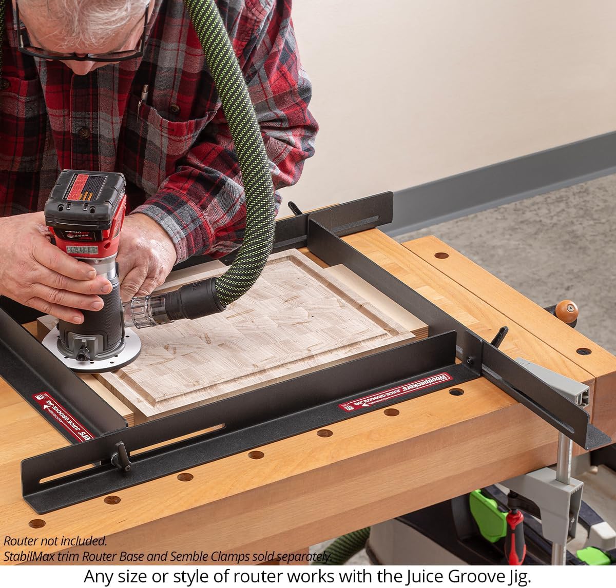 Woodpeckers Juice Groove Jig – Adjustable Router Jig for Cutting Board Juice Grooves, Fits 10-1/4" to 18-3/4" Boards, Powder-Coated Steel Rail Design – Made in USA JGJ