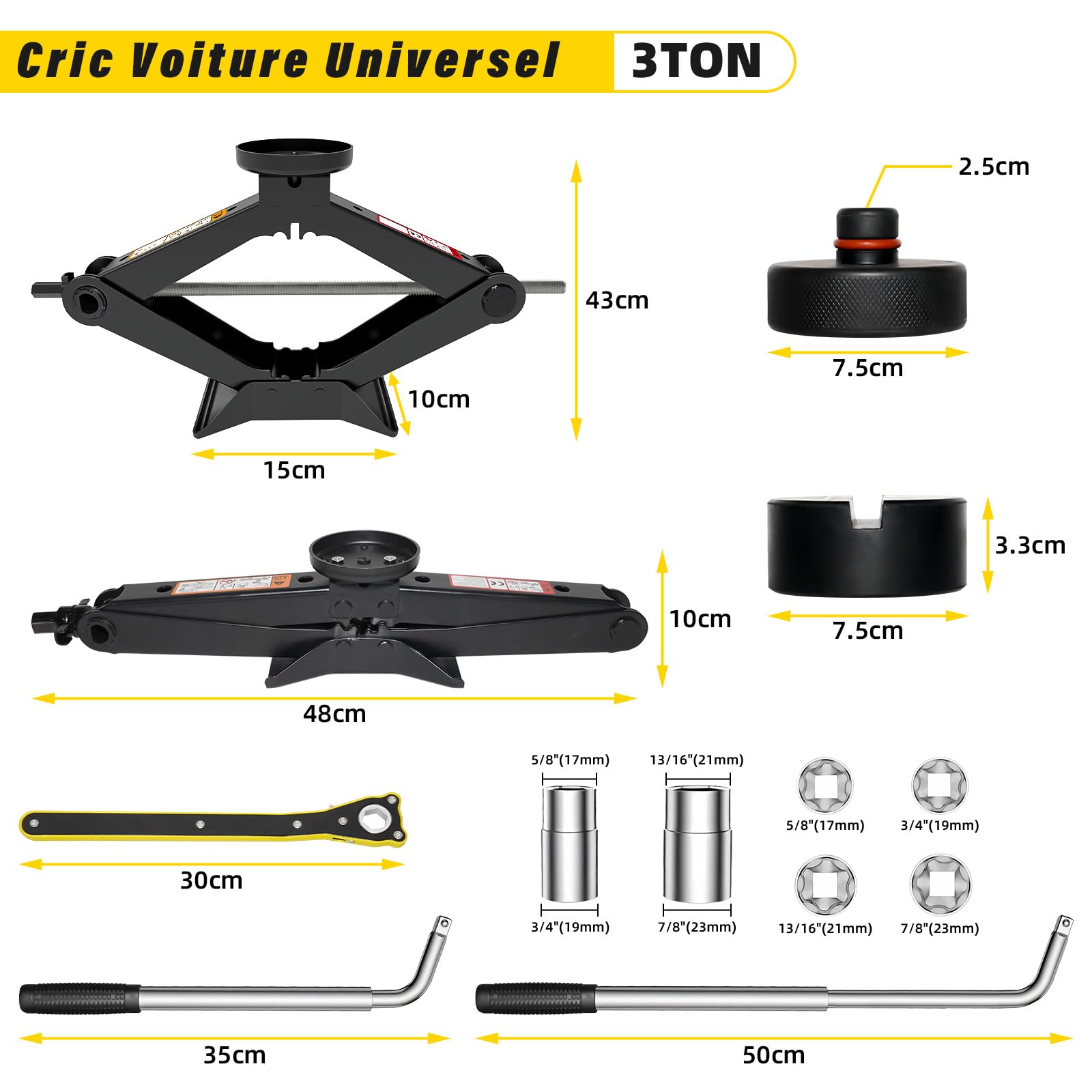 Cric Voiture 3T/3000kg, Universel Crique Voiture avec Tampon Caoutchouc,Portable Cric De Levage avec Clé pour Écrous De Roue, Kit d'urgence Automobile pour SUV MPV VoitureTesla
