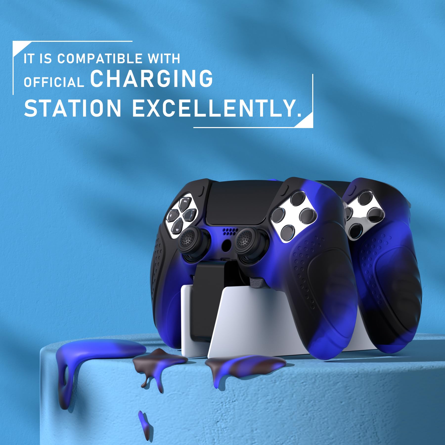 PlayVital Skórki do PS5 Edge, Miękkie Silikonowe Ergonomiczne Ochronne, Nakładki Kciuki - Niebieski & Czarny (Guardian Edition)