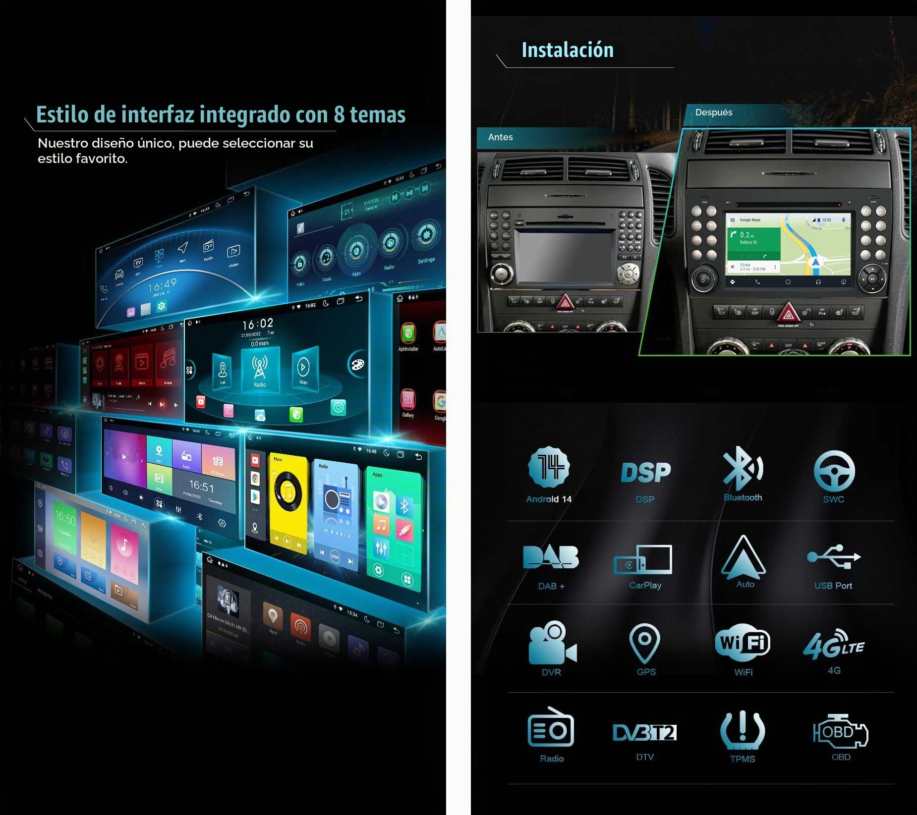 Android 14 DAB+ Radio Coche Estéreo 8 Núcleo 4GB+64GB para Mercedes Benz SLK Clase W171 R171 GPS Navegador Soporte Inalámbrico CarPlay Android Auto Wifi 4G USB Bluetooth 5.0 DSP CD AM/FM CANbus 7" IPS