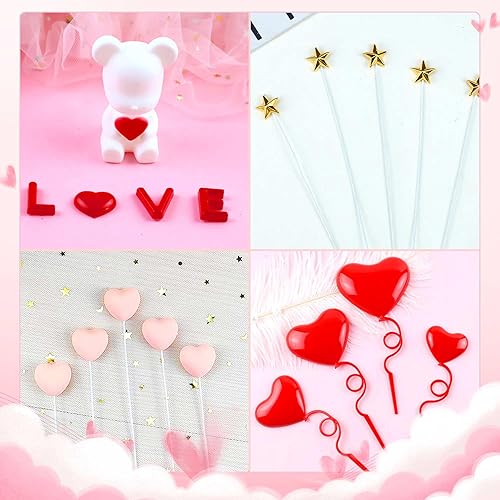 Miniatura 10 de LaVenty 16 piezas de oso de peluche para el día de San Valentín, decoración de pastel de corazón, decoración de pastel de rosa, regalo de San