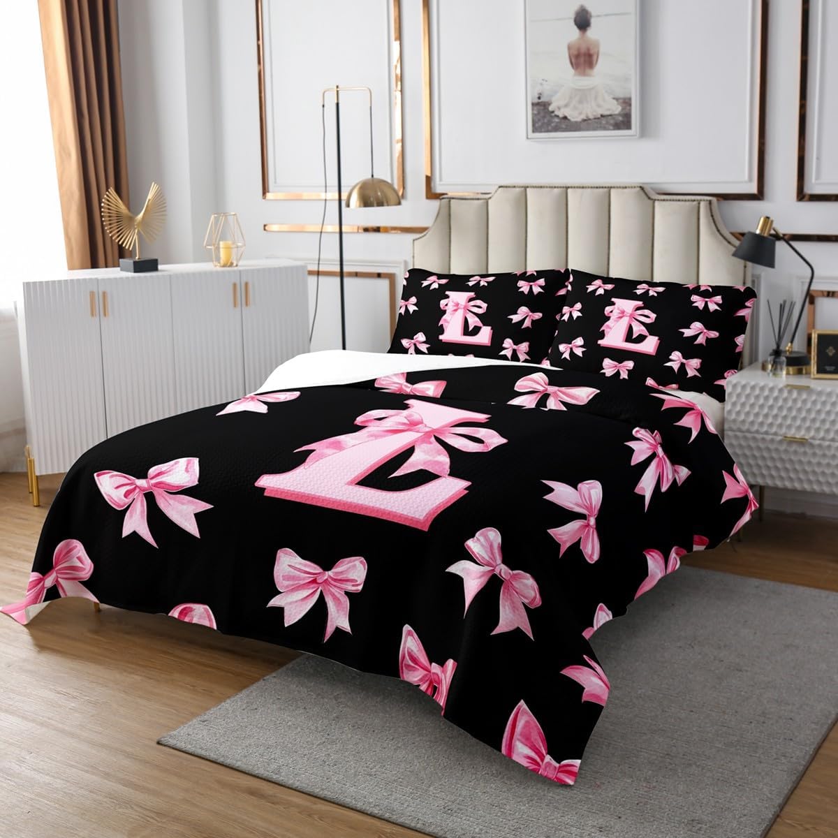 Erosebridal Initial Letter L Kids Quilt Sets Cute Pink Bow King Bedspread Set for Girls,Personalized Monogrammed Bowknot Coverlet Sets Aesthetic Coquette Butterfly Knot Bedding Set
