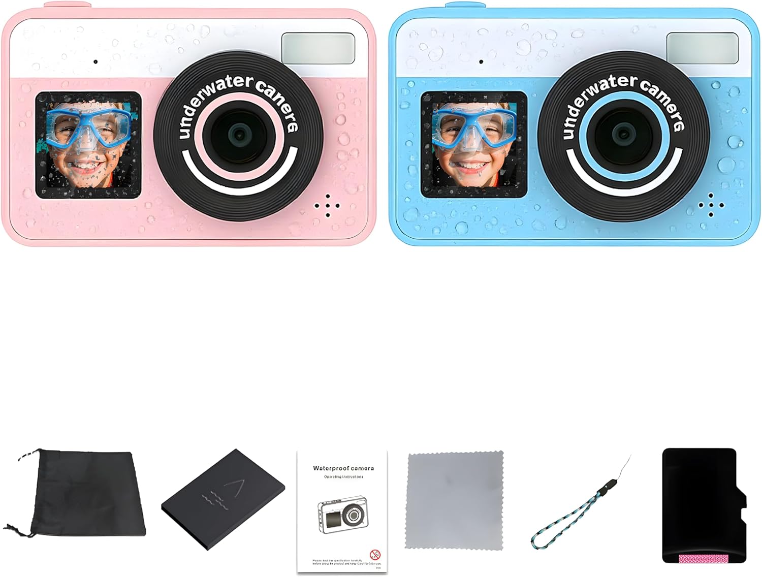 Waterproof Underwater Camera for Snorkeling, 10FT Floating Small Water Proof Camera with Dual Screens, 18X Zoom, Fill Light, Autofocus, for Swimming, Kayaking, Teens, Adults (Blue+Pink 64G)
