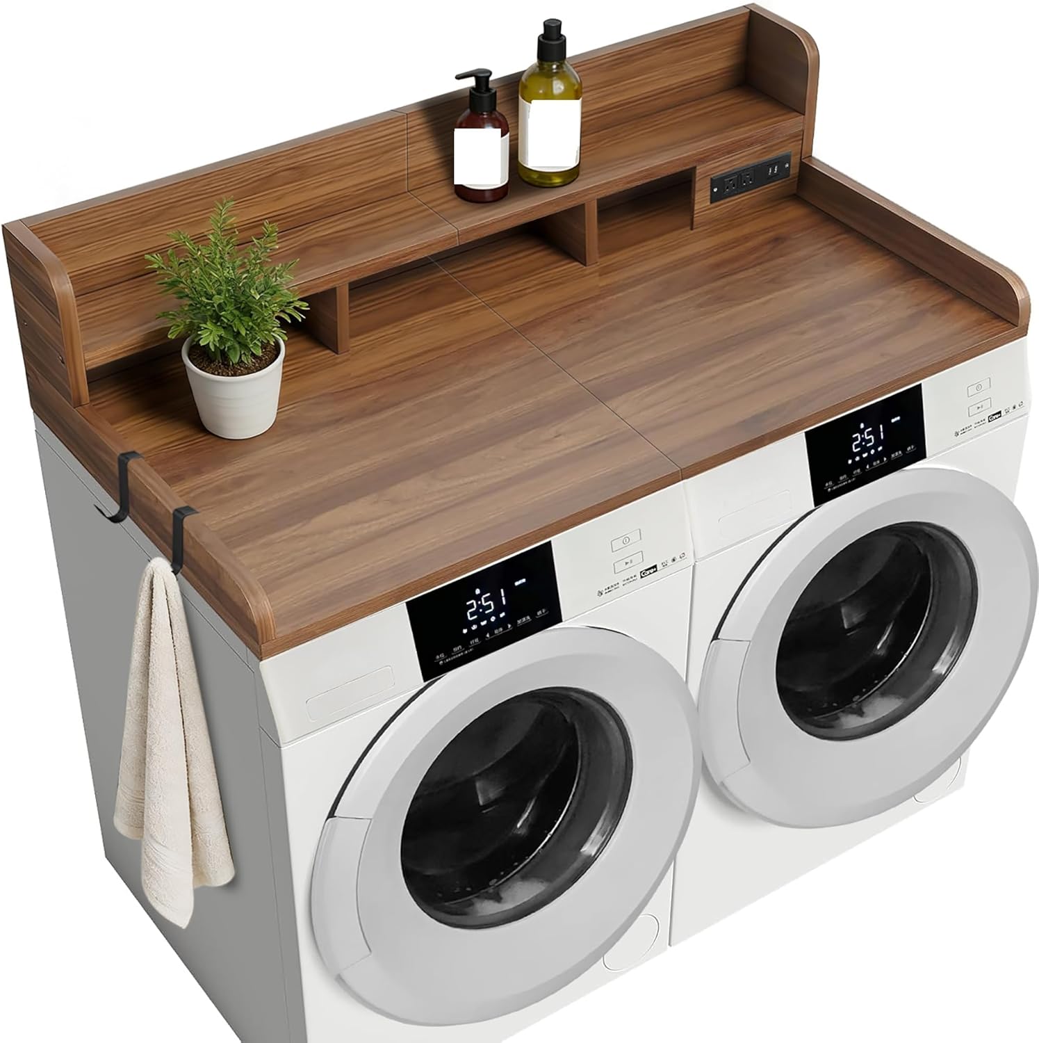 2-Tier Over Washer & Dryer Countertop with Power Outlet – 54"x27.5" Extra-Large Laundry Topper, Non-Slip Pads, 2 Heavy-Duty Hooks, Storage Basket, 4-in-1 Power & USB Charging (Walnut)