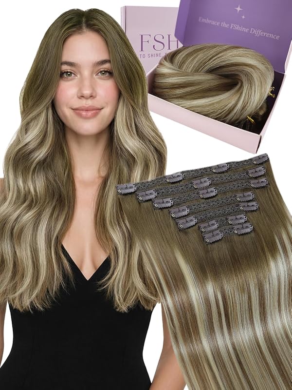 Fshine Extensiones de Clip de Pelo Natural 120 Gramos7 Piezas 16 Pulgadas Color 3 Marrón Más Oscuro Desvaneciendo a 8 Marrón Ash Resaltado con 22 Rubio Remy Pelo HumanoColor 3 8 22 Color 3 8 22
