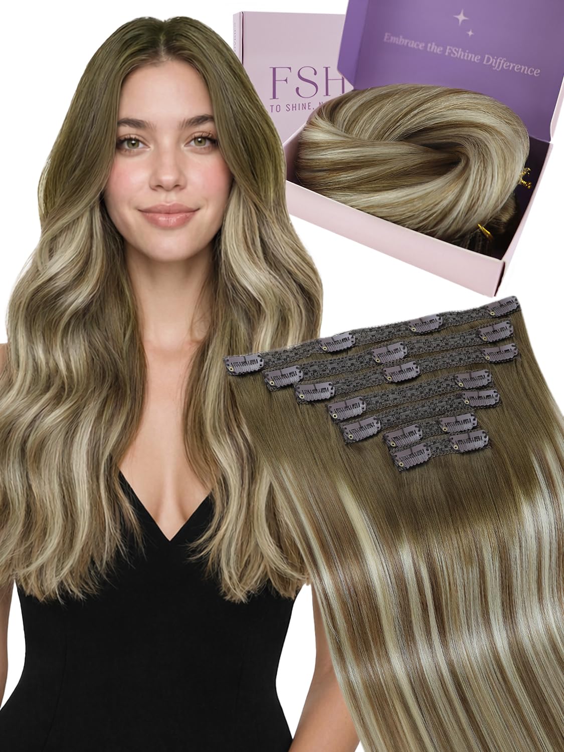Fshine Extensiones de Clip de Pelo Natural 120 Gramos7 Piezas 16 Pulgadas Color 3 Marrón Más Oscuro Desvaneciendo a 8 Marrón Ash Resaltado con 22 Rubio Remy Pelo HumanoColor 3 8 22 Color 3 8 22