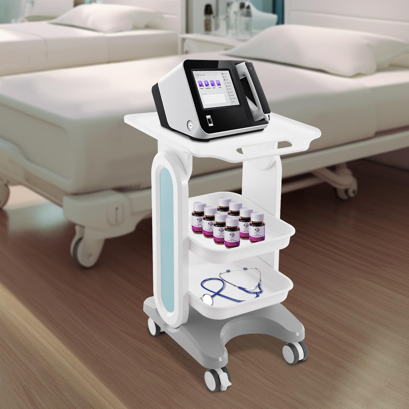 Chariot médical - Chariot de laboratoire à 3 niveaux avec 2 tiroirs - Chariot de rangement médical mobile pour hôpitaux, salons de beauté, spas (blanc vert)