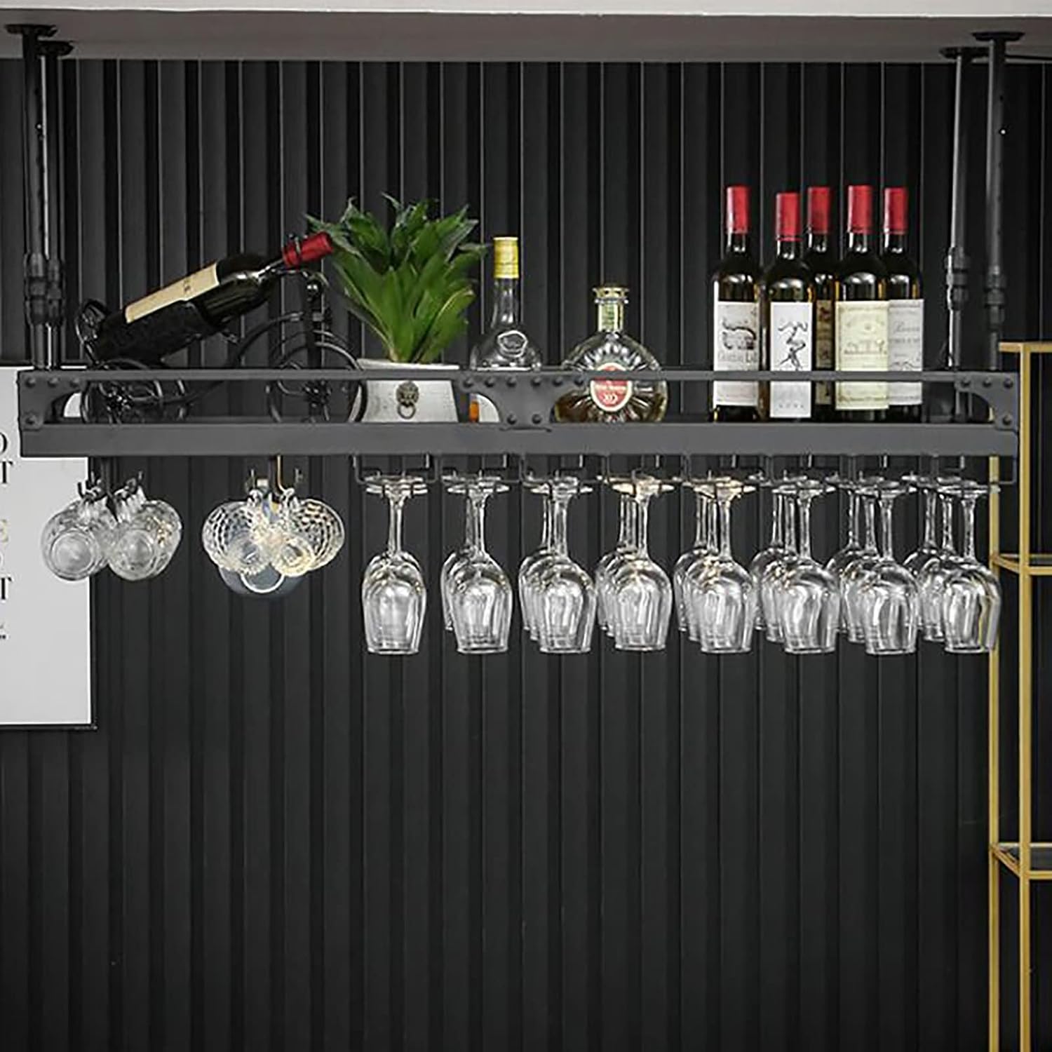 Hanging Wine Glass Holder Industrial Wine Glass Holder - Black Bottle Holder Ceiling Wine Bottle Rack,Metal Wine Shelf,Height Adjustable,for Bars Restaurants Kitchens